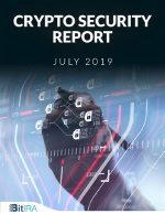 Cover of a report titled "Crypto Security Report July 2019" showing a hand holding a pen over digital security graphics. BitIRA logo appears at the bottom.