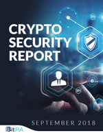 Cover of a report titled "Crypto Security Report, September 2018" with a digital background featuring icons of a shield, person, and abstract network connections.