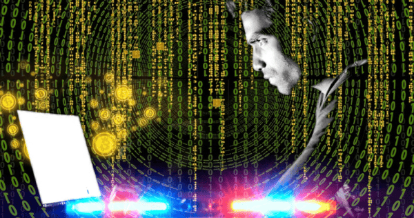 A person looks at a laptop with binary code and glowing lights in the background, with red and blue police lights at the bottom of the image.