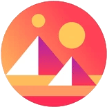 A stylized, colorful illustration of two pyramids with the sun and a small circle above them, set against an orange and pink gradient circular background.