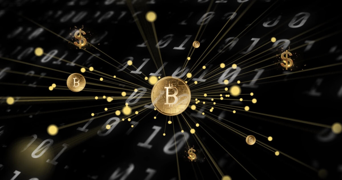 A digital illustration of a central Bitcoin coin surrounded by smaller dollar symbols and gold dots, with binary code in the background, symbolizing digital currency and financial connections.