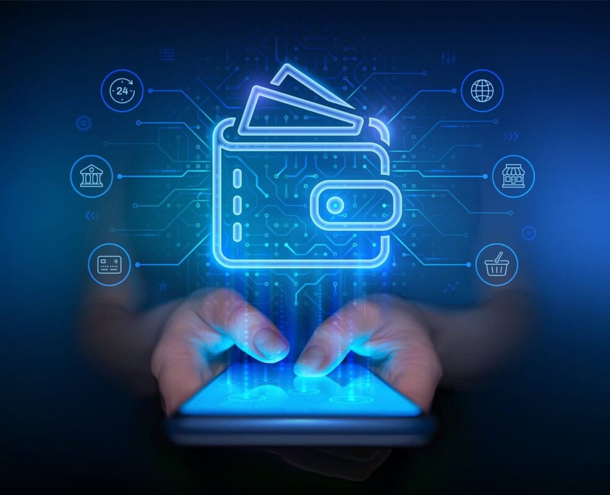 A person uses a smartphone, with a glowing digital wallet icon and financial symbols floating above, illustrating mobile payment and digital finance technology.