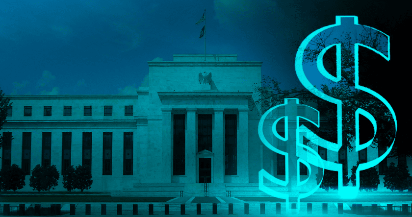 The image shows the exterior of a large government building with glowing dollar signs superimposed in the foreground.