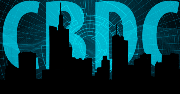 Silhouette of city skyscrapers against a digital blue background with the acronym 