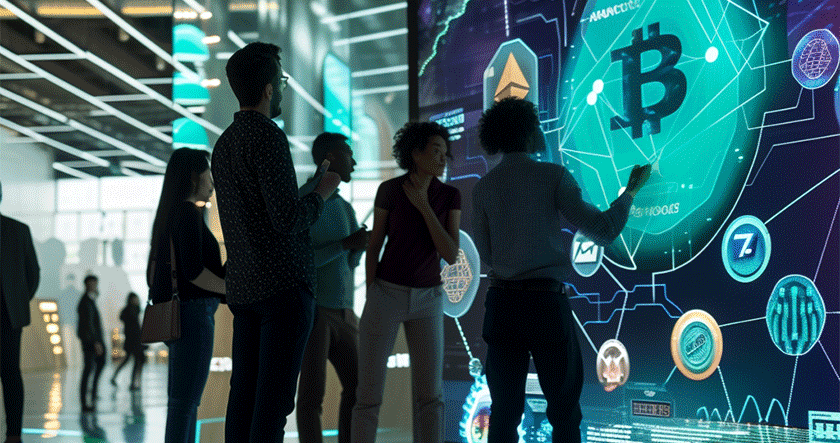 A group of people discusses cryptocurrency in front of a large digital screen displaying Bitcoin and other crypto symbols in a modern, tech-focused setting.