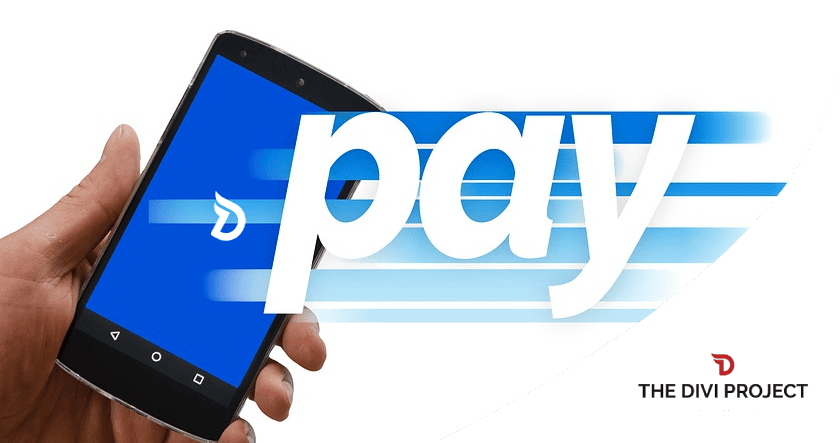 A hand holds a smartphone displaying the Divi logo with the word "pay" in large white letters and "The Divi Project" logo in the bottom right corner.