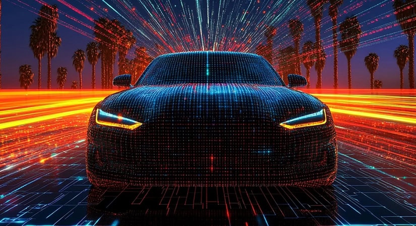 A digital-rendered car with illuminated headlights appears surrounded by streaks of orange light and palm trees, symbolizing speed and futuristic technology.