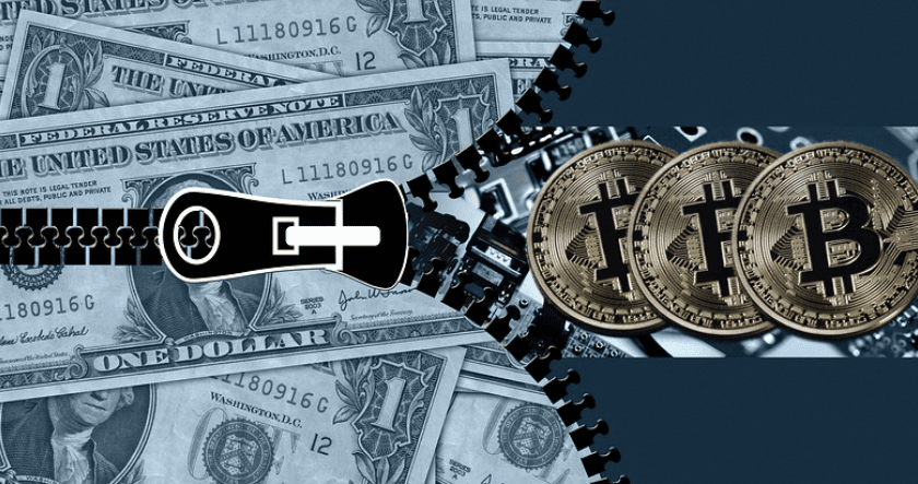 A zipper separates U.S. dollar bills on the left from three Bitcoin coins on the right, symbolizing the contrast between traditional and digital currencies.