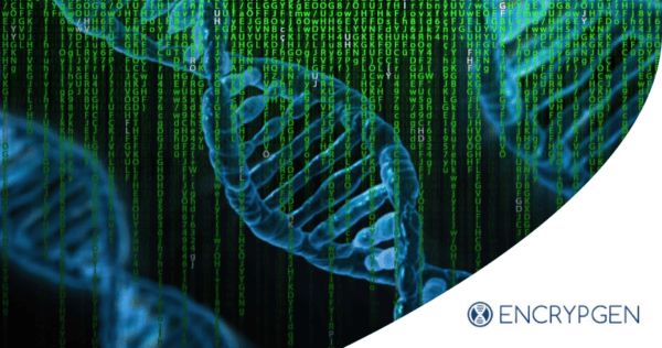 Digital DNA strands overlayed with green computer code, symbolizing the intersection of genetics and data. EncryptGen logo is visible in the bottom right corner.