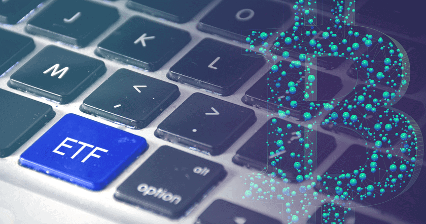 A close-up of a computer keyboard with a blue key labeled "ETF" and a digital Bitcoin symbol overlay.
