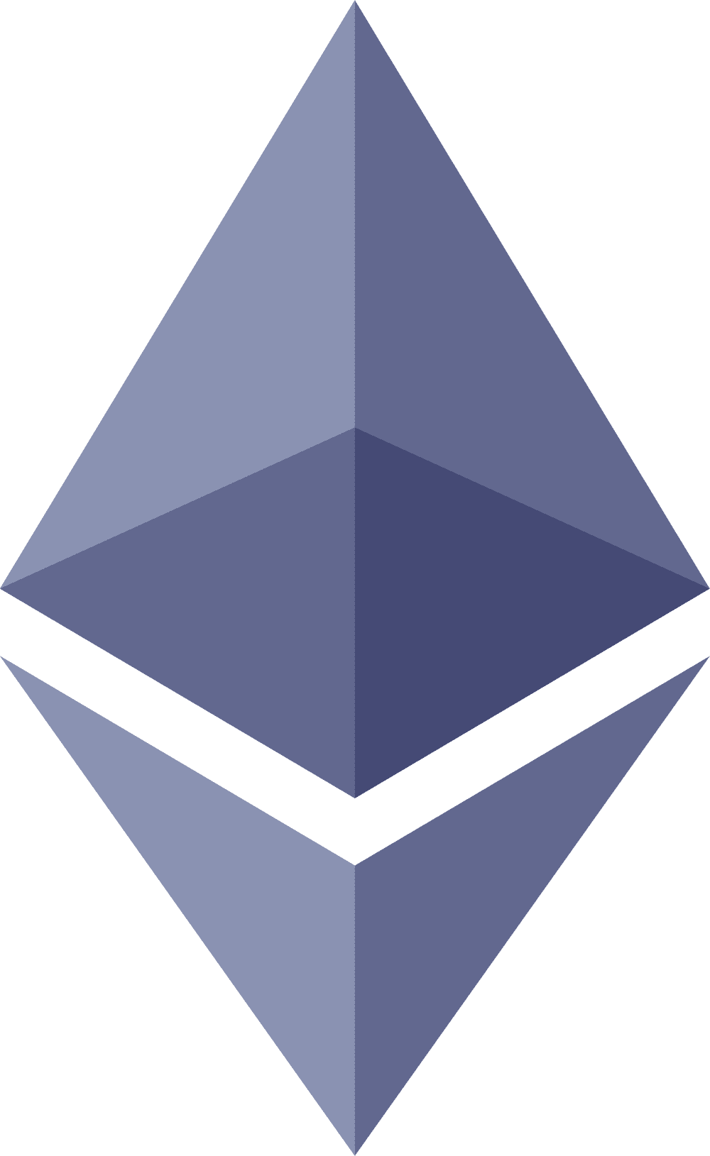 A geometric, diamond-shaped logo with two vertically aligned, 3D triangular prisms in shades of blue and gray. This is the symbol commonly associated with Ethereum, a popular cryptocurrency platform.