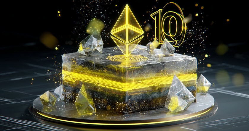 A digital illustration of a futuristic cake with glowing yellow Ethereum logos, geometric crystals, and the number 10, symbolizing Ethereum's 10th anniversary.