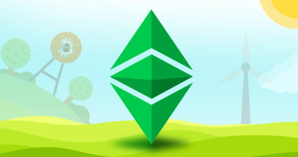 A large green Ethereum Classic logo is centered over a landscape with hills, a wind turbine, and a Bitcoin symbol on a structure in the background.