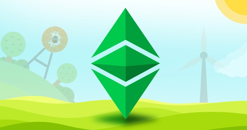 A large green Ethereum Classic logo is centered over a landscape with hills, a wind turbine, and a Bitcoin symbol on a structure in the background.