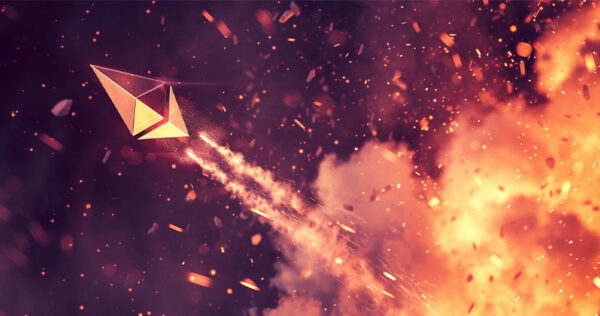 A stylized Ethereum logo depicted as a rocket launches upward through fiery clouds and sparks against a dark background.