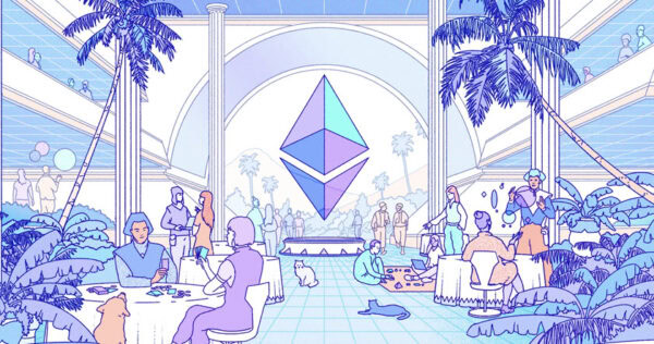 People gather and interact in a spacious, futuristic atrium with tall palms and a large Ethereum logo suspended in the center.