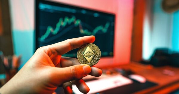 A hand holds an Ethereum coin in front of a computer monitor displaying a financial chart with a rising trend.