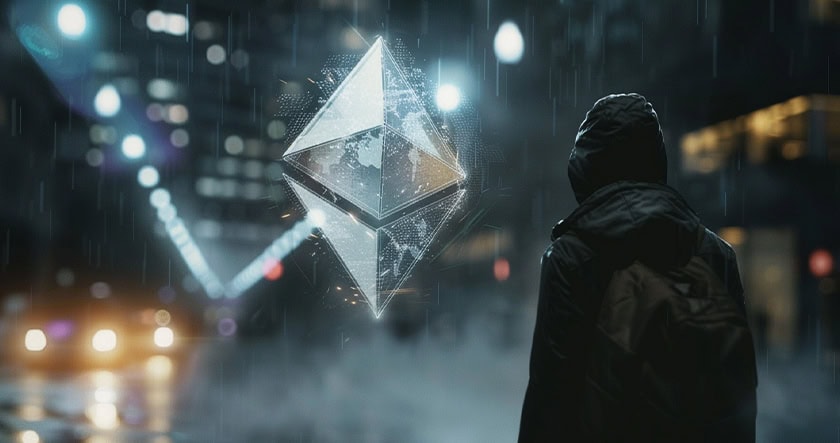 A person in a hooded jacket stands on a rainy city street at night, looking at a large floating Ethereum logo hologram.