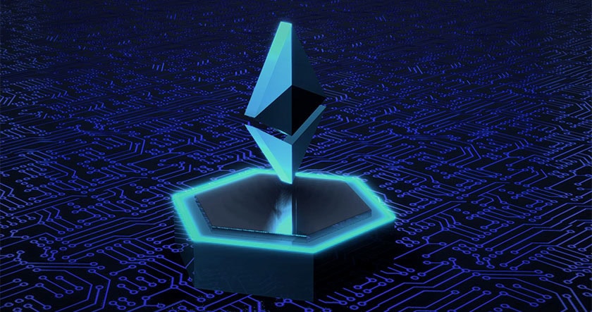 A 3D Ethereum logo hovers above a glowing hexagonal platform, set against a dark blue digital circuit board background.