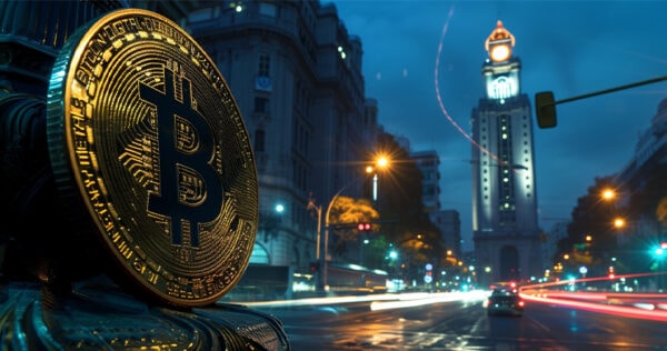 A large Bitcoin symbol sculpture stands on a city street at dusk, with historic buildings and blurred car lights in the background.