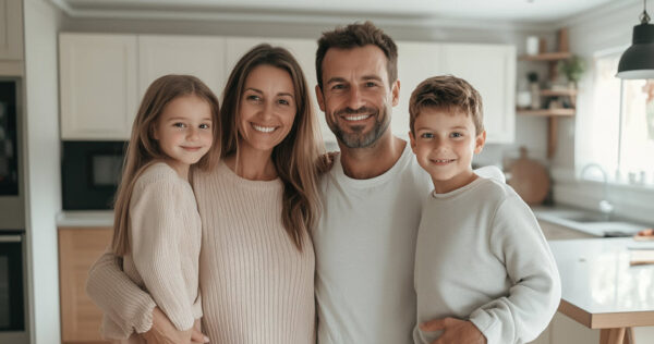 A man and woman stand in a kitchen with a young girl and boy, all smiling at the camera.