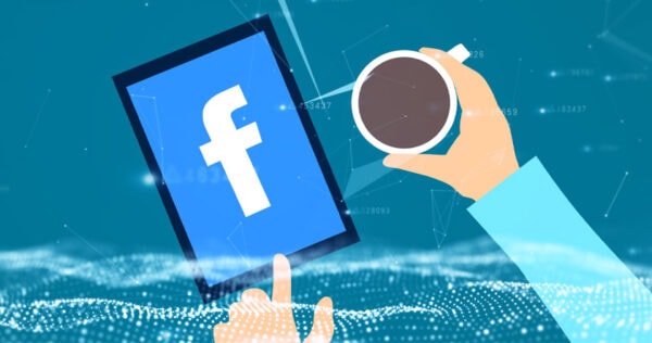 A hand holds a cup of coffee while another hand uses a tablet displaying the Facebook logo, set against a digital, abstract background.