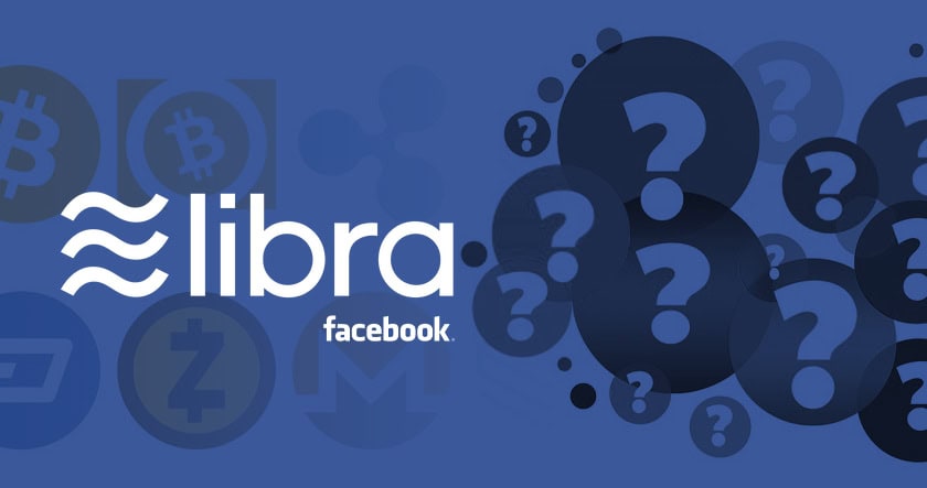 The image features the Libra logo and the word "facebook" on a blue background with various cryptocurrency symbols and question marks.