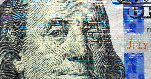 A close-up of Benjamin Franklin’s face on a U.S. hundred-dollar bill overlaid with lines of colorful computer code.