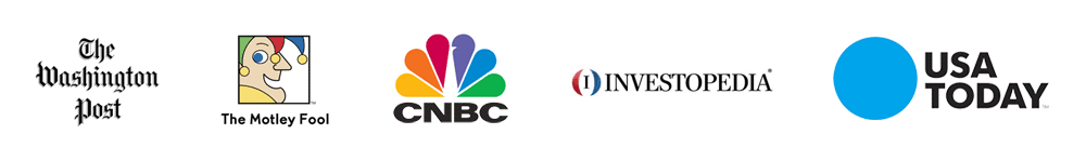 Logos of The Washington Post, The Motley Fool, CNBC, Investopedia, and USA Today displayed in a row on a white background.