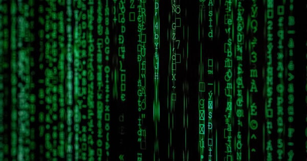 Green digital code symbols cascade vertically down a black background, resembling the visual style from the Matrix movie series.