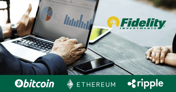 A person uses a laptop displaying a bar chart, with the Fidelity Investments logo and Bitcoin, Ethereum, and Ripple logos shown at the bottom.