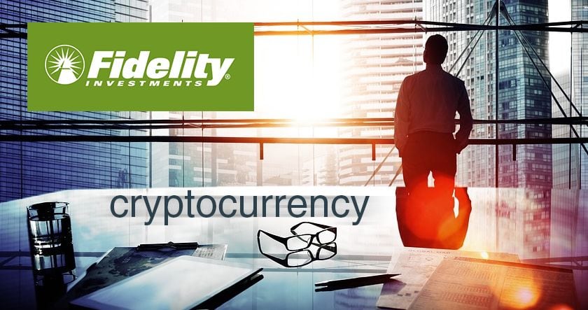 A person stands by a large window in a modern office with the Fidelity Investments logo and the word "cryptocurrency" overlaid on the image.