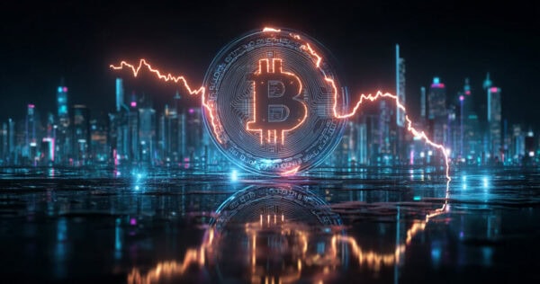 A digital Bitcoin symbol stands in front of a city skyline with a glowing line graph showing a downward trend.