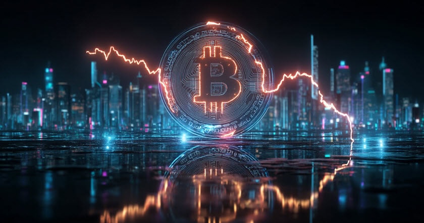 A digital Bitcoin symbol stands in front of a city skyline with a glowing line graph showing a downward trend.