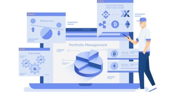 Illustration of a person using a laptop with charts and diagrams related to portfolio management, cryptocurrency, rebalancing, and automation displayed on the screen.