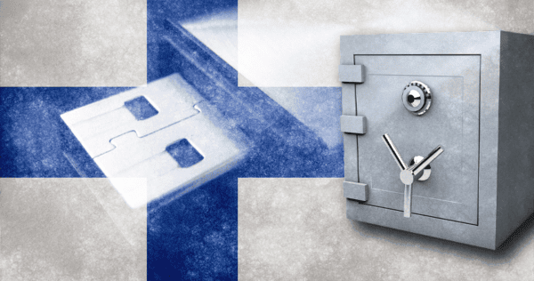 A digital file transitions into a secure metal safe, set against the background of the Finnish flag.