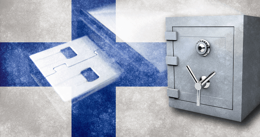A digital file transitions into a secure metal safe, set against the background of the Finnish flag.