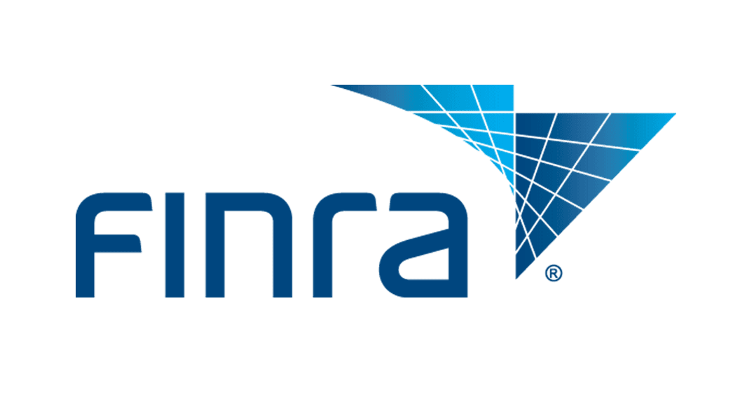 The image displays the FINRA logo, featuring the word "FINRA" in blue letters next to a geometric blue triangular grid design.