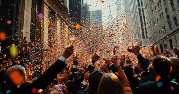 A large crowd celebrates on a city street, raising glasses and cheering as colorful confetti falls from above. Tall buildings line both sides of the street.