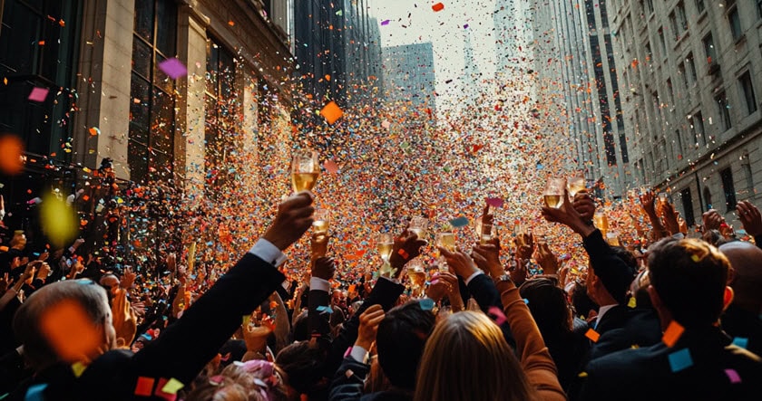 A large crowd celebrates on a city street, raising glasses and cheering as colorful confetti falls from above. Tall buildings line both sides of the street.