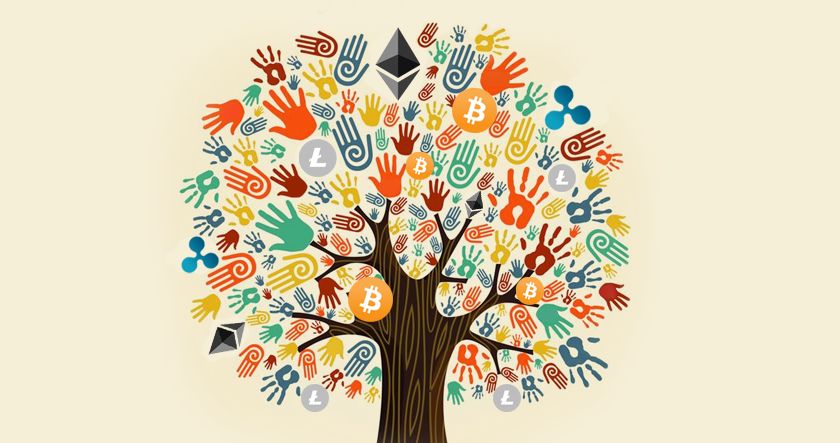A tree with colorful handprints as leaves features various cryptocurrency logos, including Bitcoin, Ethereum, Ripple, and Litecoin, among the branches.