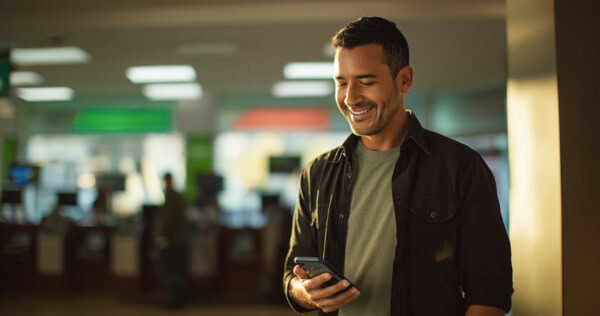 A man stands indoors, smiling as he looks at his smartphone. The background is softly blurred, showing bright lights and indistinct people, suggesting a public space such as a bank or office.