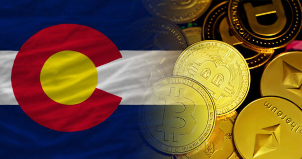 Colorado state flag blended with a background of various cryptocurrency coins, including Bitcoin, Ethereum, and others.