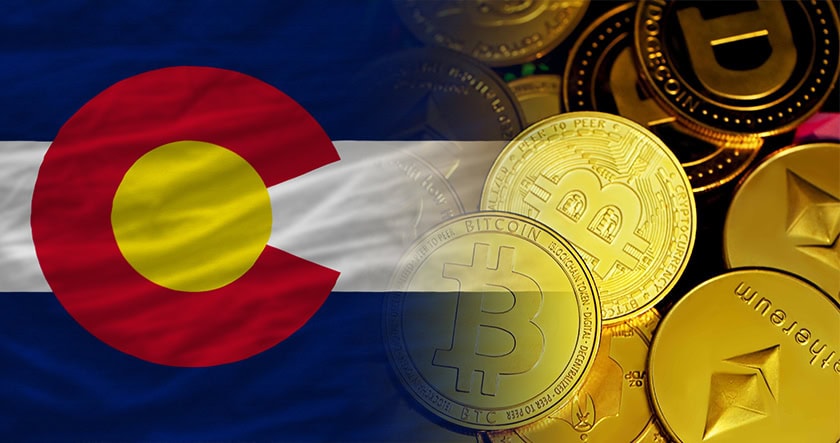 Colorado state flag blended with a background of various cryptocurrency coins, including Bitcoin, Ethereum, and others.