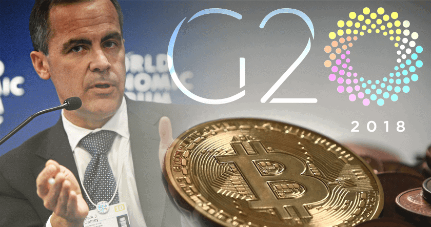 A man speaks at a forum with "G20 2018" text and a large Bitcoin coin overlay, representing cryptocurrency discussion at the G20 summit.