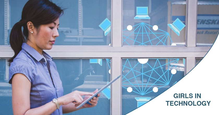A woman uses a tablet in front of a window with digital network graphics, accompanied by the text "GIRLS IN TECHNOLOGY.