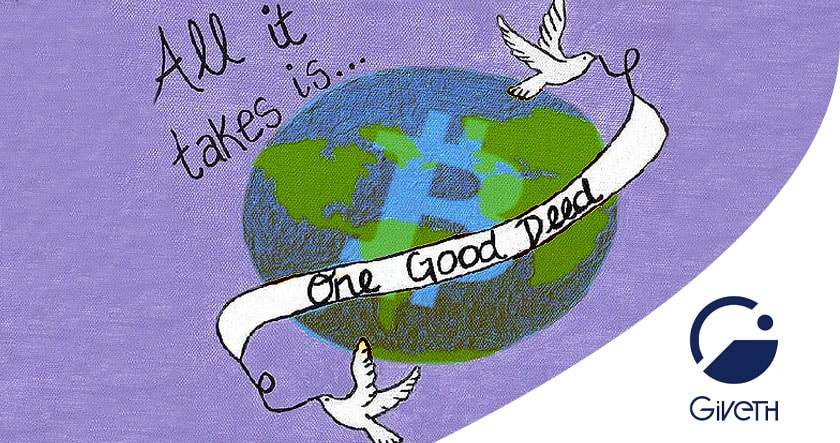 Illustration of Earth with a Bitcoin symbol, two doves holding a ribbon that reads "All it takes is... One Good Deed", and a Giveth logo in the bottom right corner.