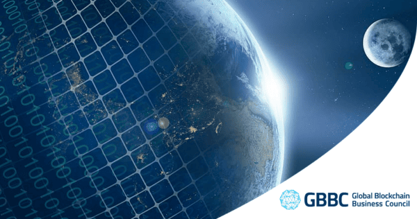 A view of Earth from space with a binary code overlay, the moon in the background, and the Global Blockchain Business Council logo in the corner.