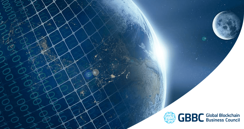 A view of Earth from space with a binary code overlay, the moon in the background, and the Global Blockchain Business Council logo in the corner.