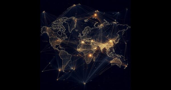 A dark world map with glowing golden lines and dots connecting major cities, illustrating a global network.